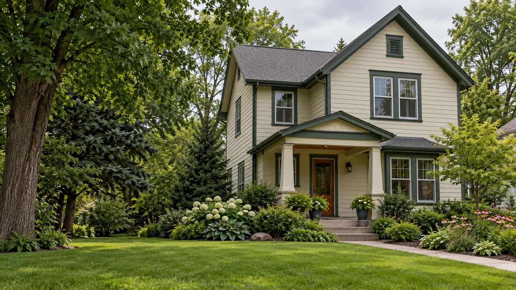 A well-kept home surrounded by mature trees in soft natural daylight